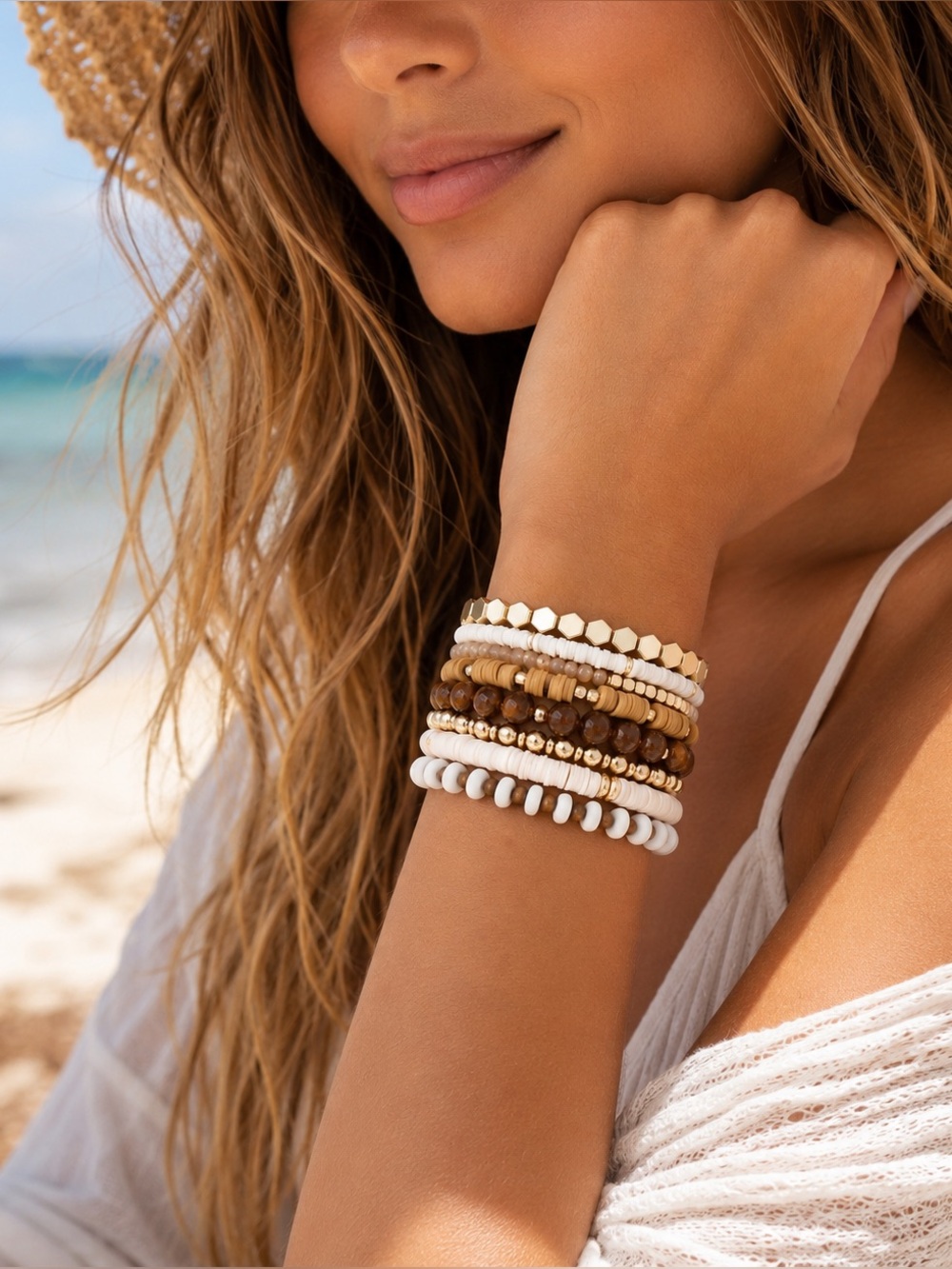 🌞 Surfer Heishi Clay Bead Bracelet Stack Set | Boho Gold Plated Stretch Beach